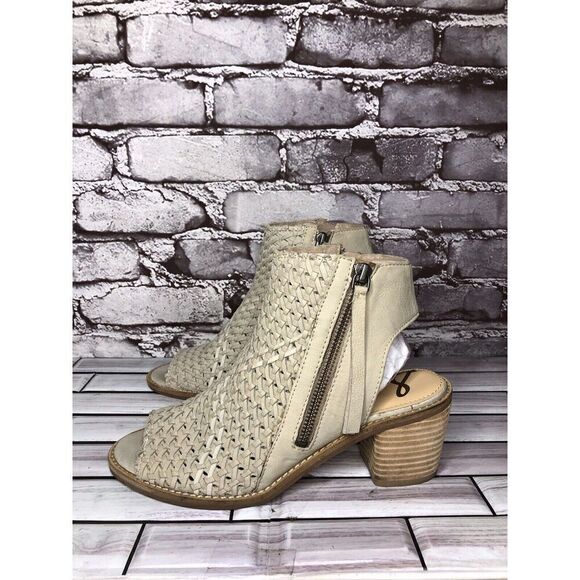 Sam Edelman Cooper Beige Leather Woven Block Heel Booties Women’s Sz 8M US/38EU - Picture 3 of 16